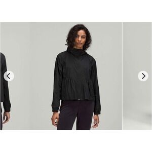 Lululemon Into the Drizzle Jacket Black Peplum Hooded Windbreaker LW4BSVS Size 2